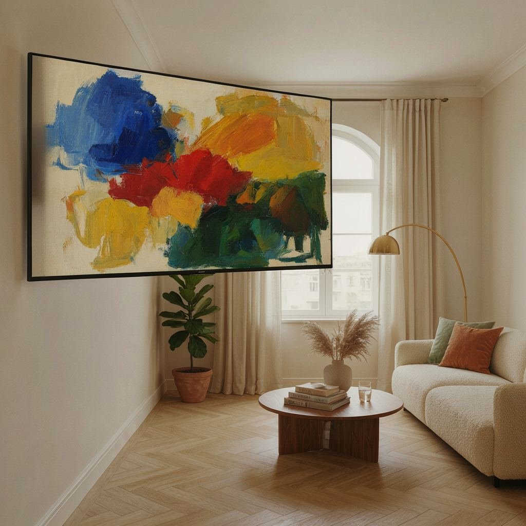 A large TV mounted on a living room wall displaying colorful art like a framed painting, elegant modern interior,...