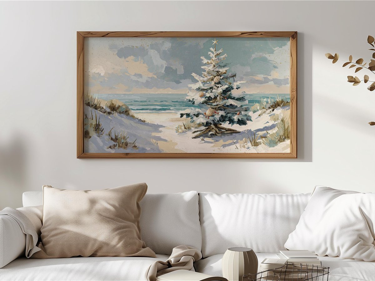 Coastal Winter Beach Tree Painting — Samsung Frame TV art preview