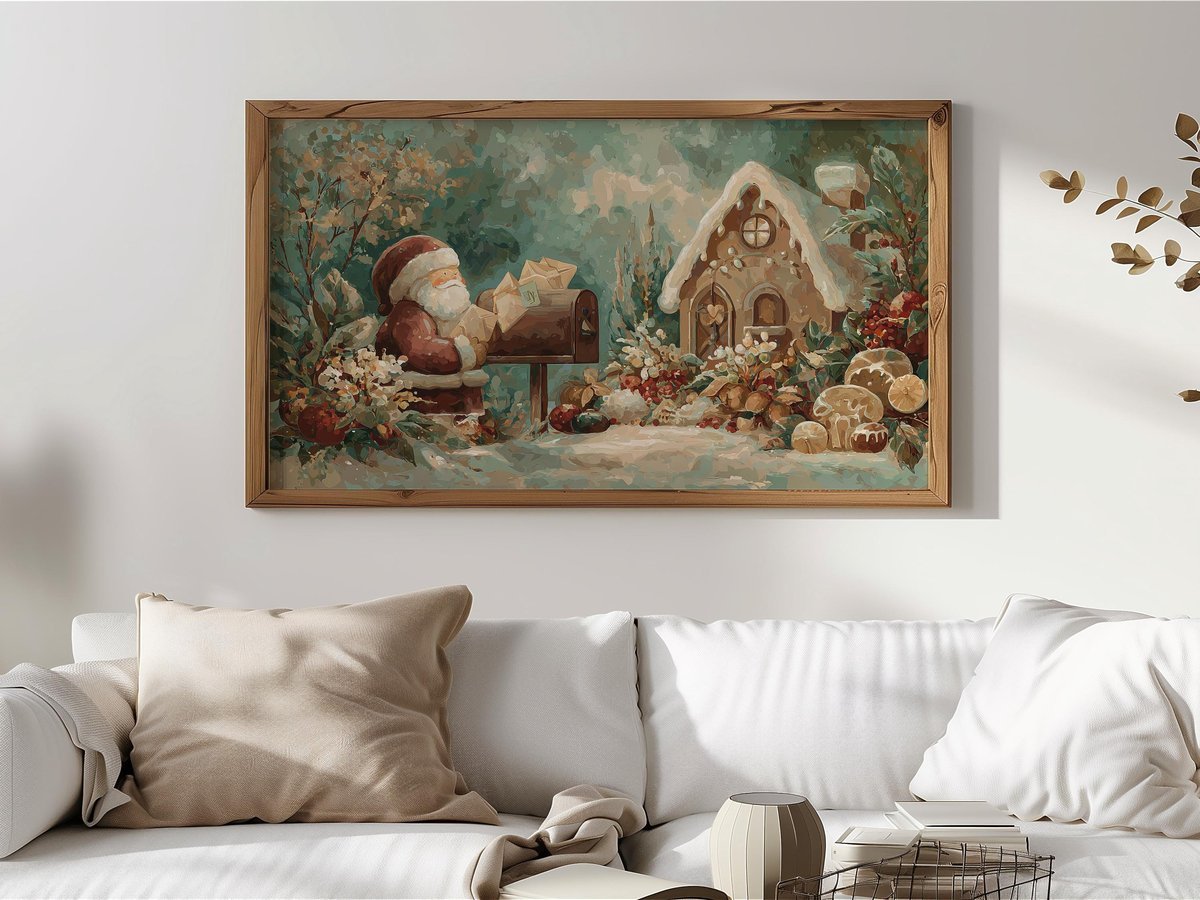 Vintage Santa and Gingerbread House — Samsung Frame TV art preview