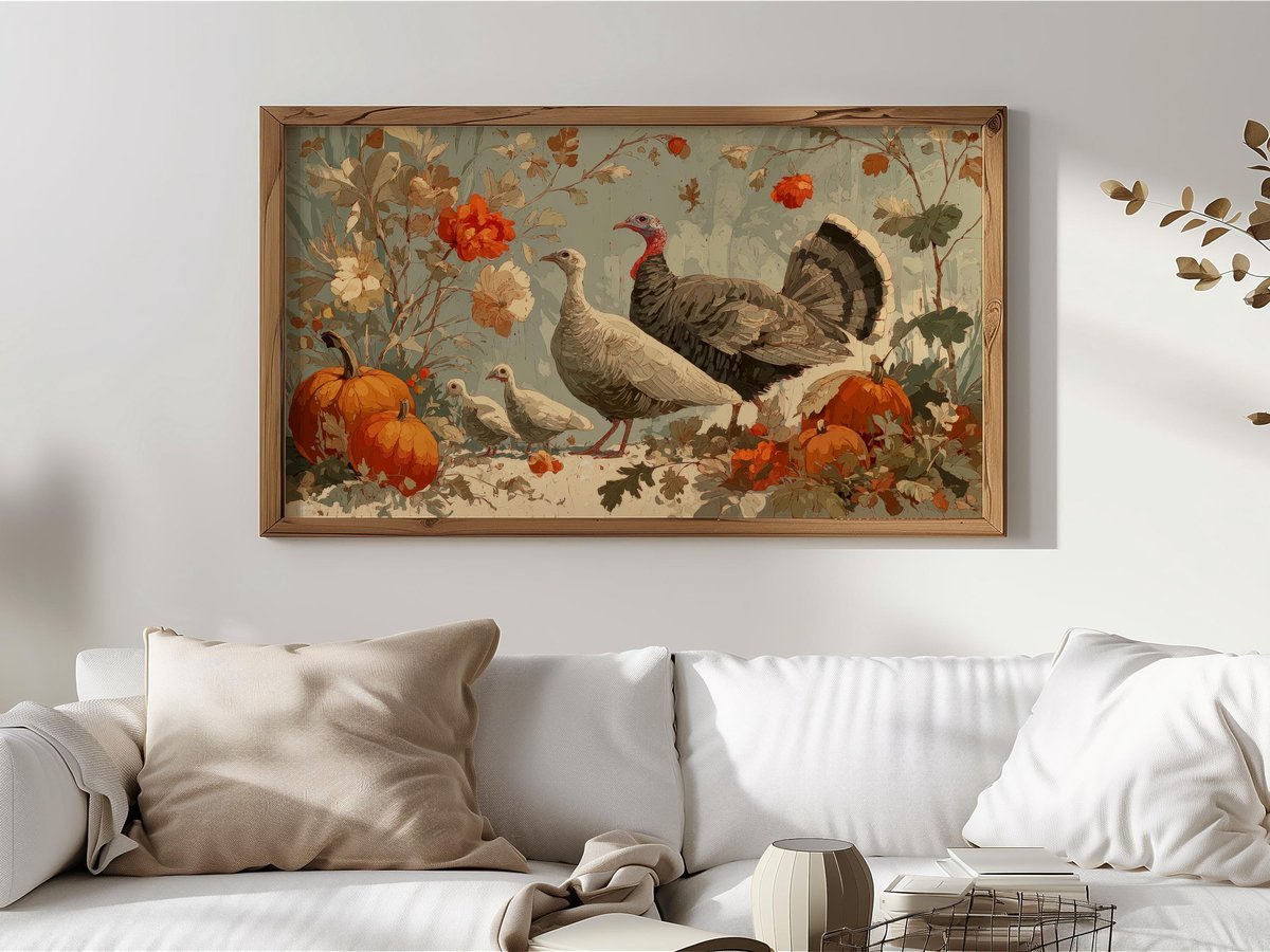 Turkey Family with Autumn Pumpkins — Samsung Frame TV art preview