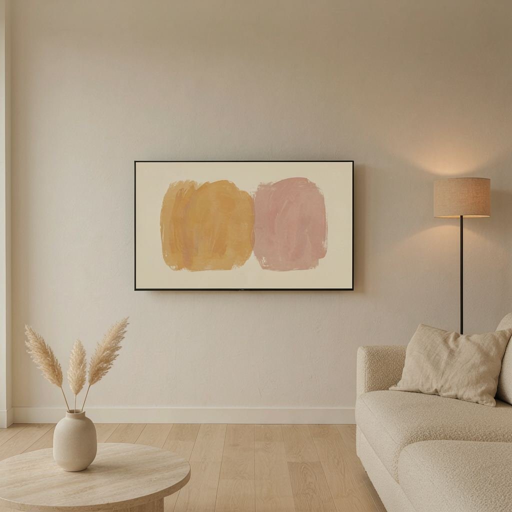 A TV mounted flush against a wall with no visible gap or cables, minimalist living room, displaying art on screen