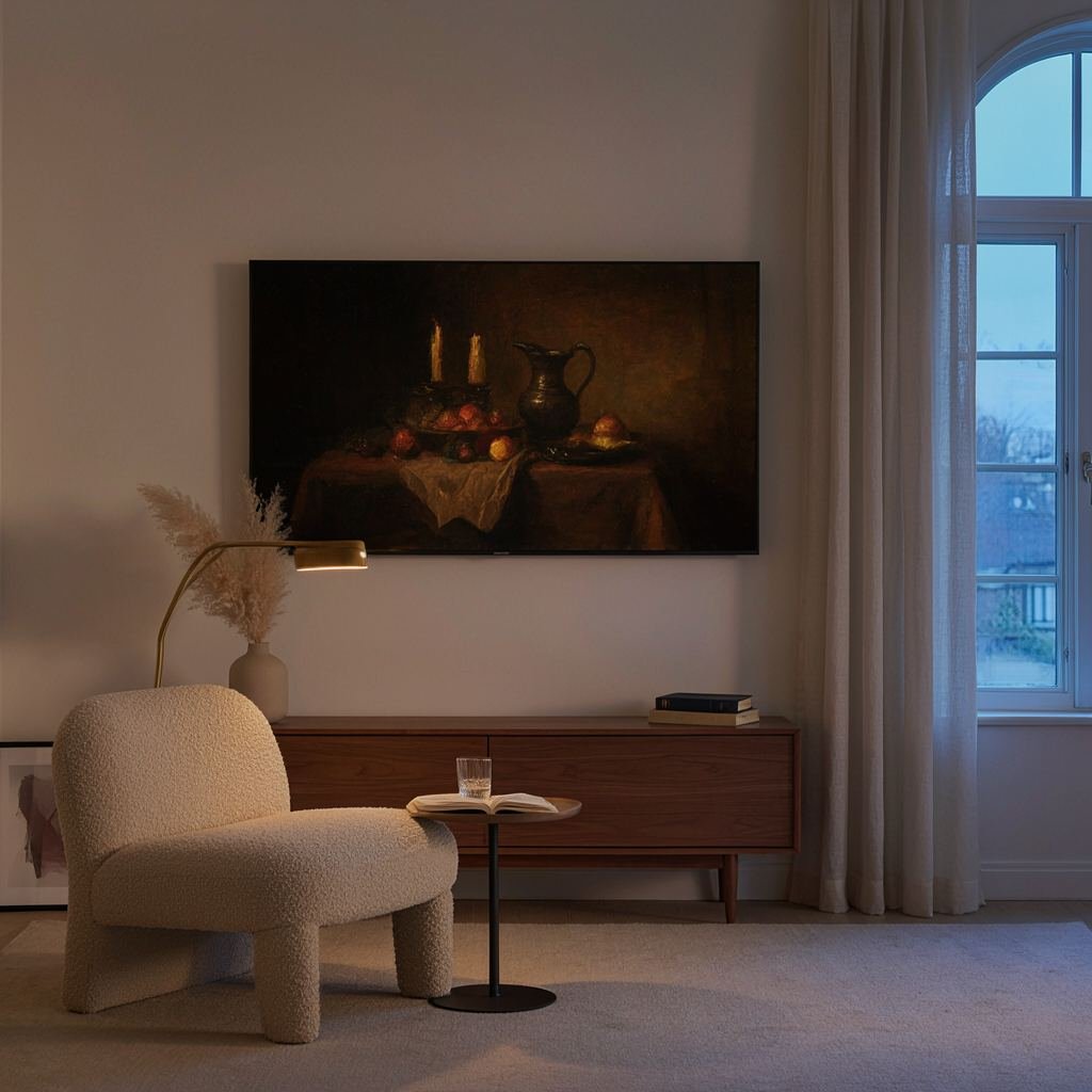 A modern TV mounted on a living room wall displaying a classic oil painting like fine art, elegant interior, warm...