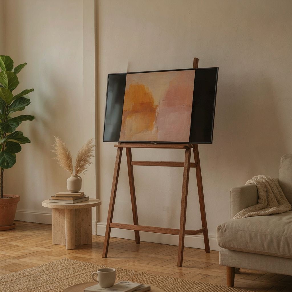 A TV displaying art on a wooden easel floor stand in a styled living room, no wall mount