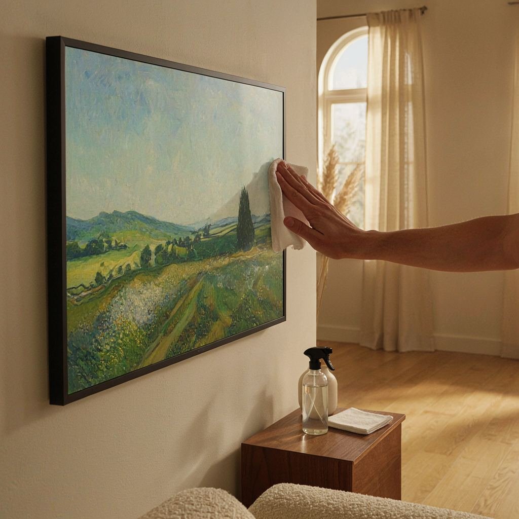 Wiping a Samsung Frame TV screen clean with a microfiber cloth and screen cleaner spray