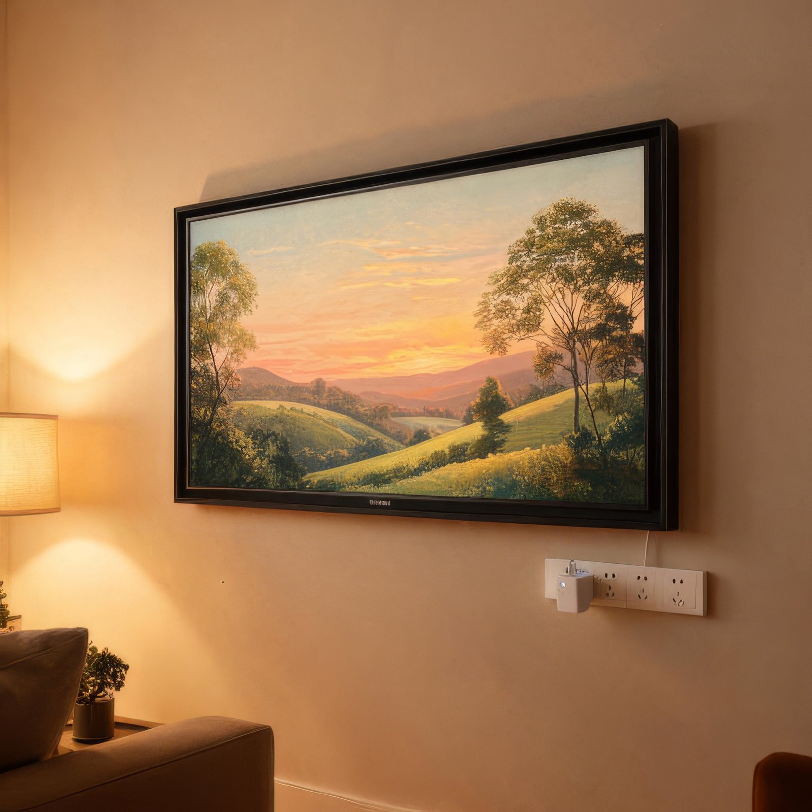 Samsung Frame TV in Art Mode on a living room wall with a smart plug nearby