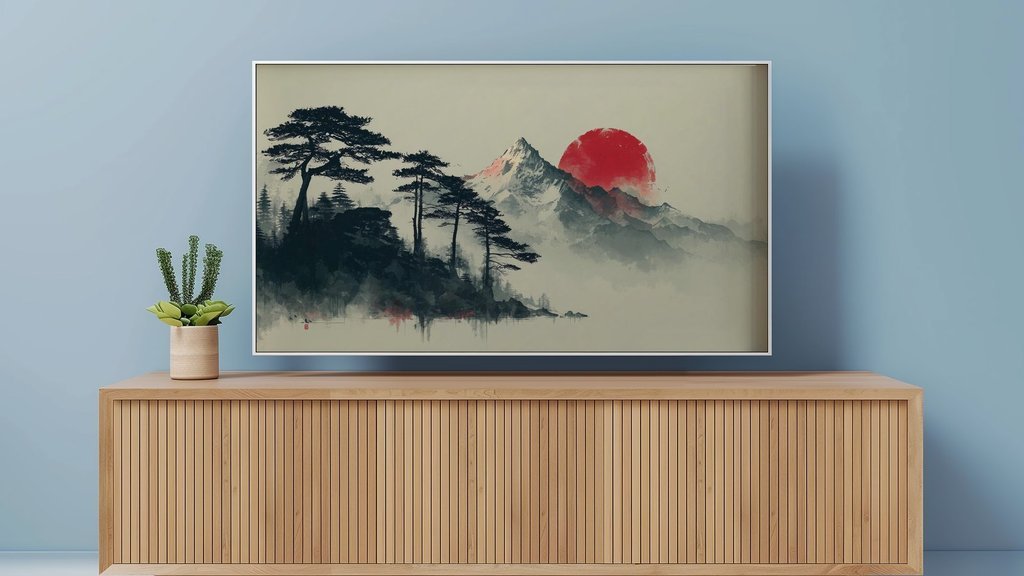 Wall-mounted TV on a blue wall above a wooden sideboard, showing a minimalist Japanese ink landscape of dark pine trees, misty mountains and a red sun.